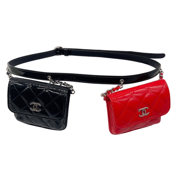 CHANEL BLACK / RED 2020 PATENT QUILTED BELT IN LOVE DOUBLE MINI FLAP WAIST BAG - Picture 1 of 15